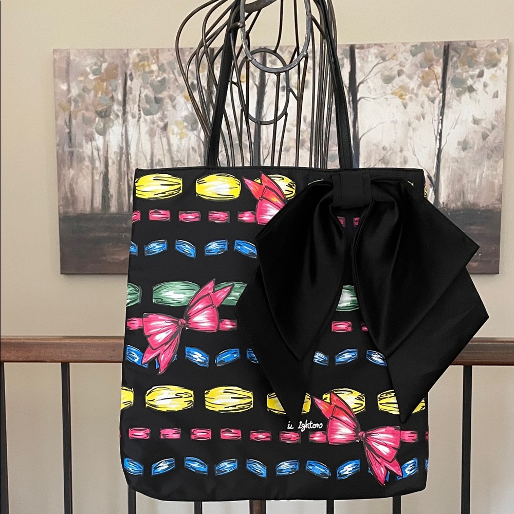 NEW Brighton Colorful Ribbon Patterned Nylon Tote Bag Large Black Bow